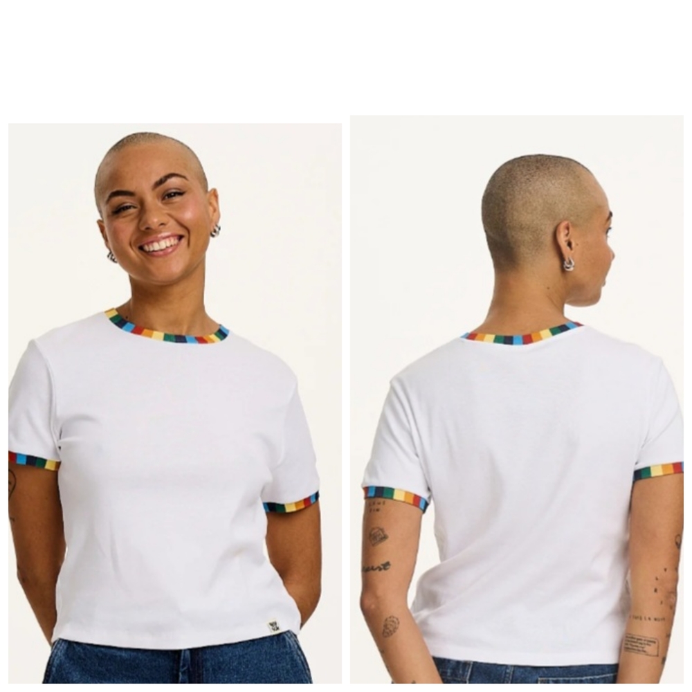 Lucy & Yak White Tee with Rainbow Trim Size M (21"- p to p & 22" L)